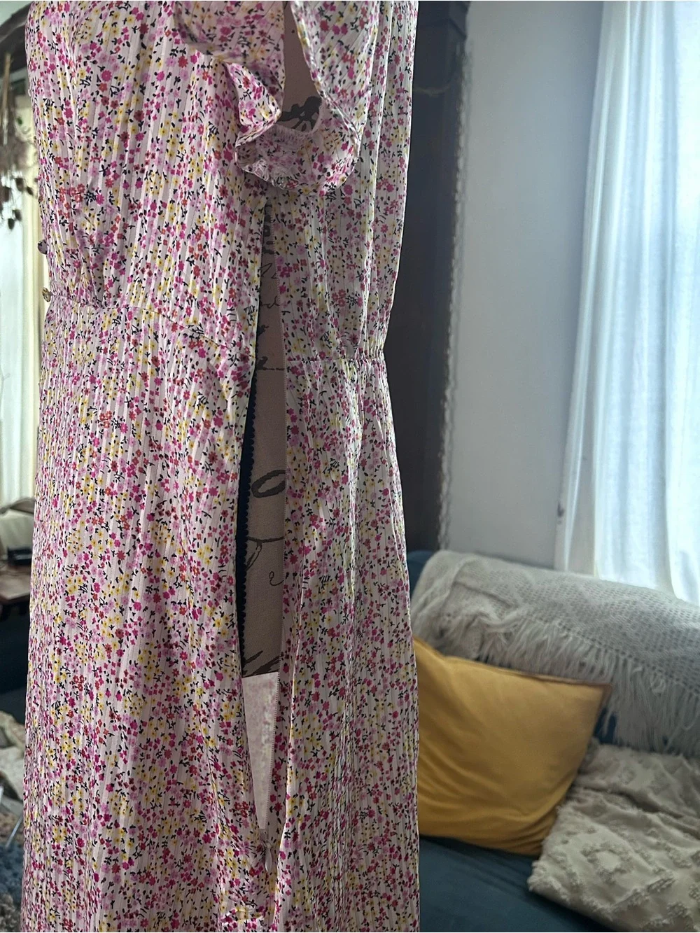 J. Crew Pink Floral Midi Dress with V-Neck